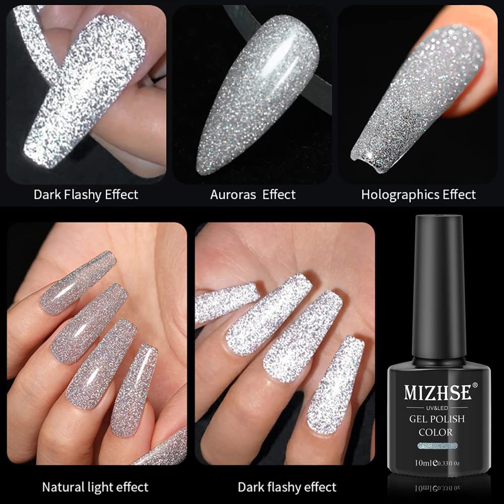 Mizhse Reflective Glitter Gel Nail Polish, Silver Nail Gel Sparkly Shiny Gel Polish, Soak Off Nail Art Salon Varnish For Beginne