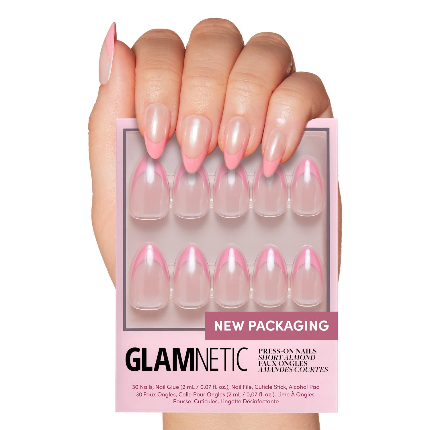 Glamnetic Press On Nails - Bubble Gum Glaze | Short Almond Pink French Tip Nails with a Glaze Finish | 15 Sizes - 30 Nail Kit wi