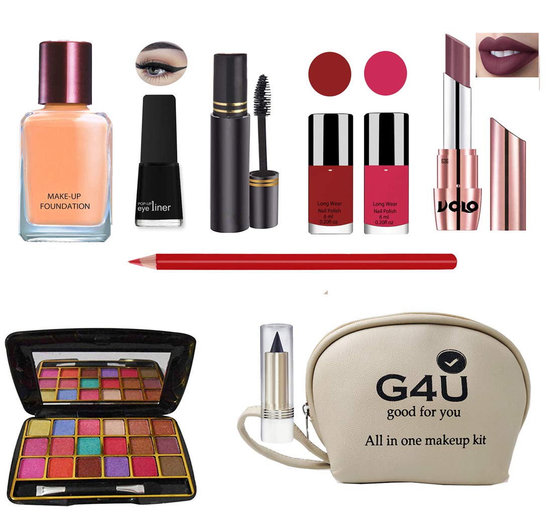G4U All In One WomenS Makeup Kit (1 Lipstick,1 Eye Shadow,1 Foundation,1 Eyeliner,2 Nail Polishs,1 Kajal,1 Pouch,1 Lipliner,1 M