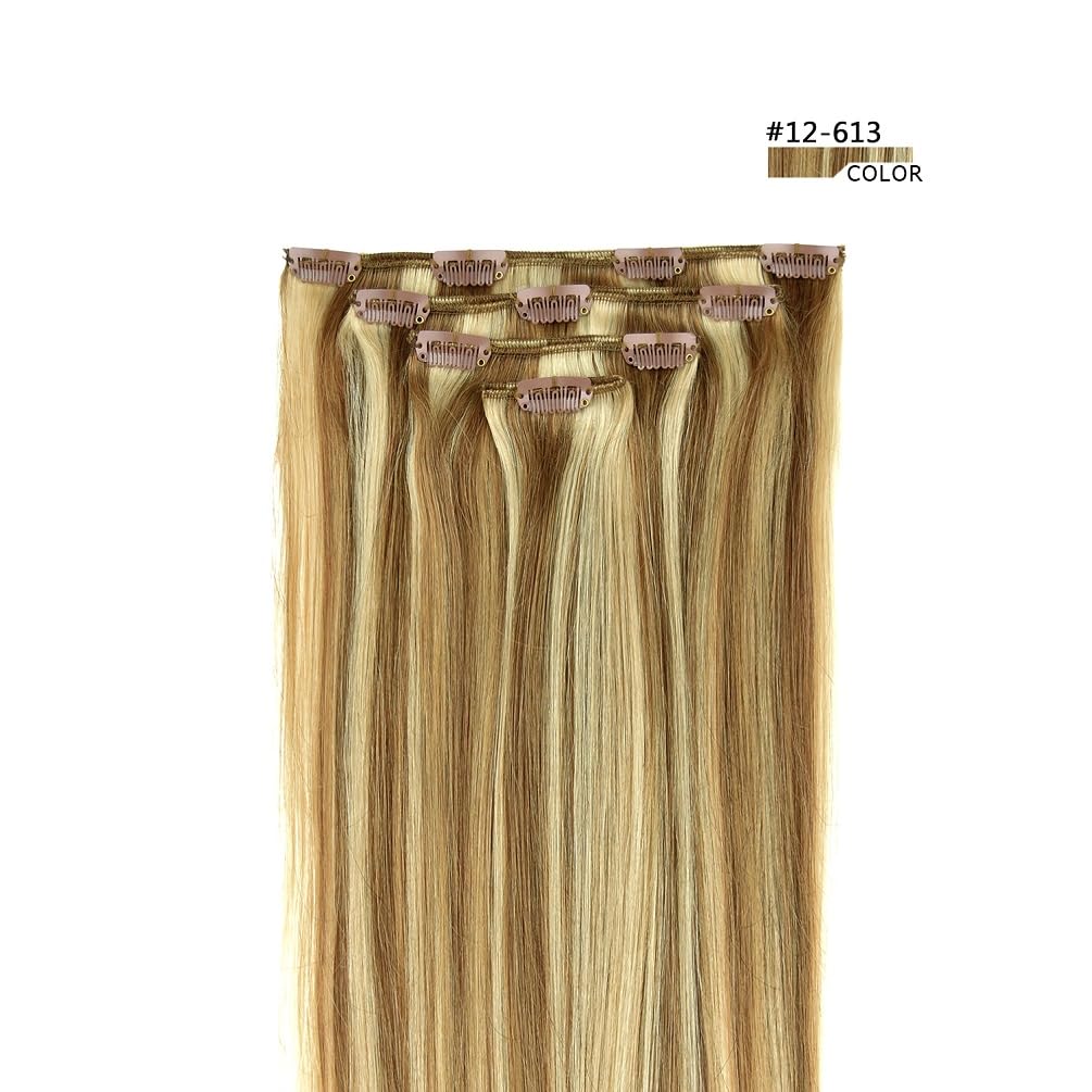 16'' Clip In Hair Extensions Remy Human Hair For Women - Silky Straight Human Hair Clip In Extensions 55Grams 4Pieces #12-613 Co