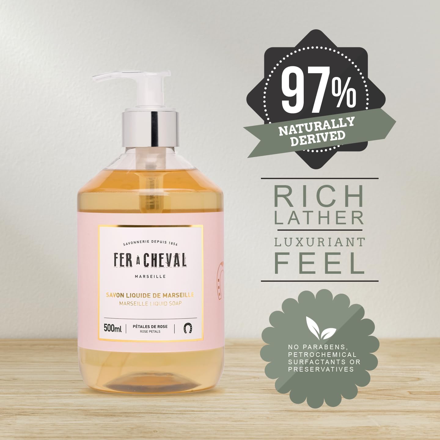 Fer  Cheval Marseille Liquid Soap Rose Petal - Hydrating Hand Soap with Argan & Coconut Oil, No SLS/Parabens, 2-Pack, 500 ml/16.