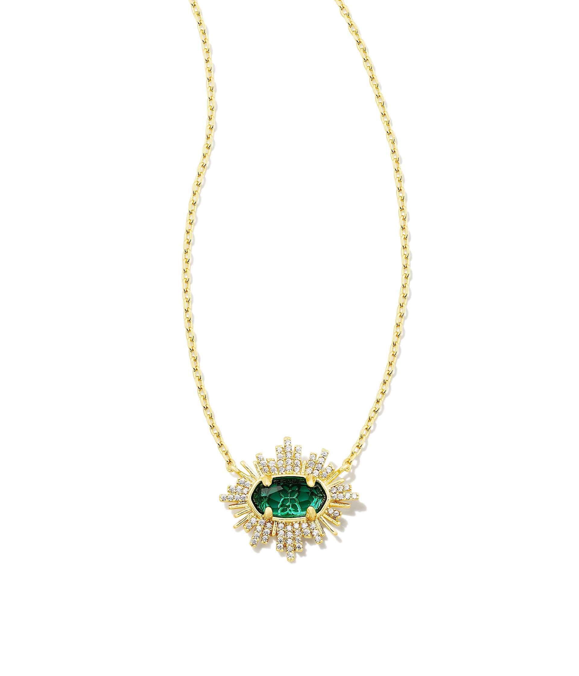 Kendra Scott Grayson Sunburst Frame Short Pendant Necklace Gold Green Glass One Size