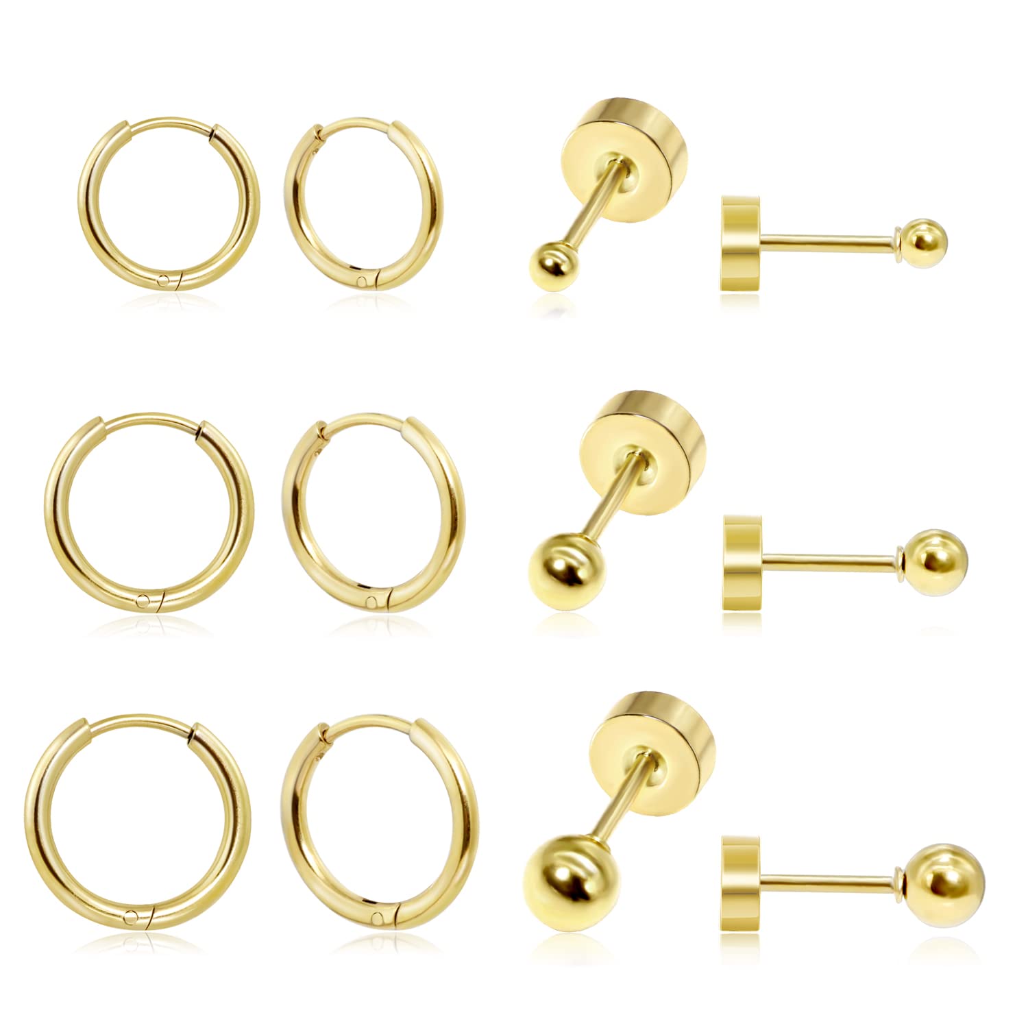 Dainty 6 Pairs Earrings Sets for Multiple Piercing, Lightweight 14K Gold Plated Small Huggie Hoop Earrings, Flat Back Tiny Ball 