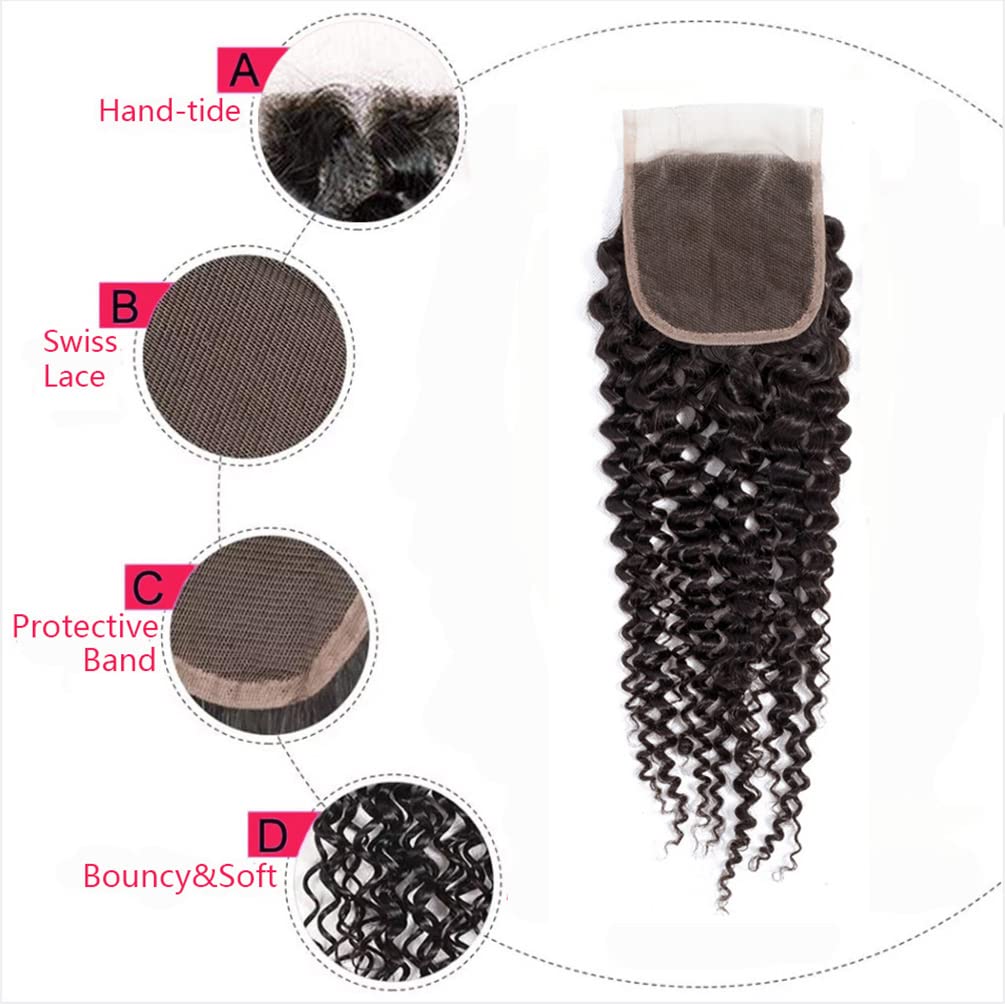Kinky Curly Lace Closure Human Hair 4X4 Free Part Lace Closure, Natural Black Kinky Hair Brazilian Virgin Human Hair Swiss Lace