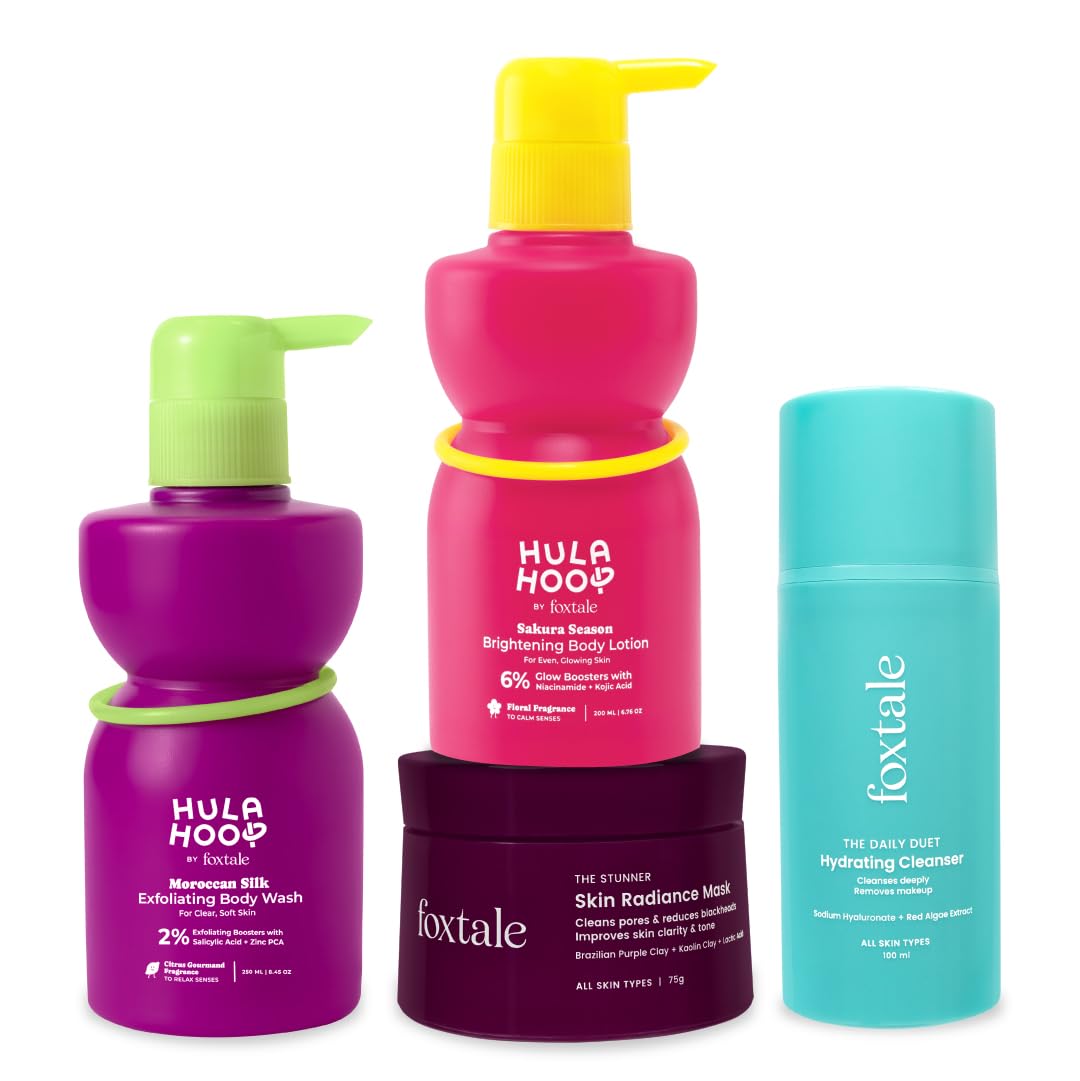 Hula Hoop Cool & Clear Combo By Foxtale | Exfoliating Body Wash, Skin Radiance Mask, Hydrating Face Wash & Brightening Body Loti