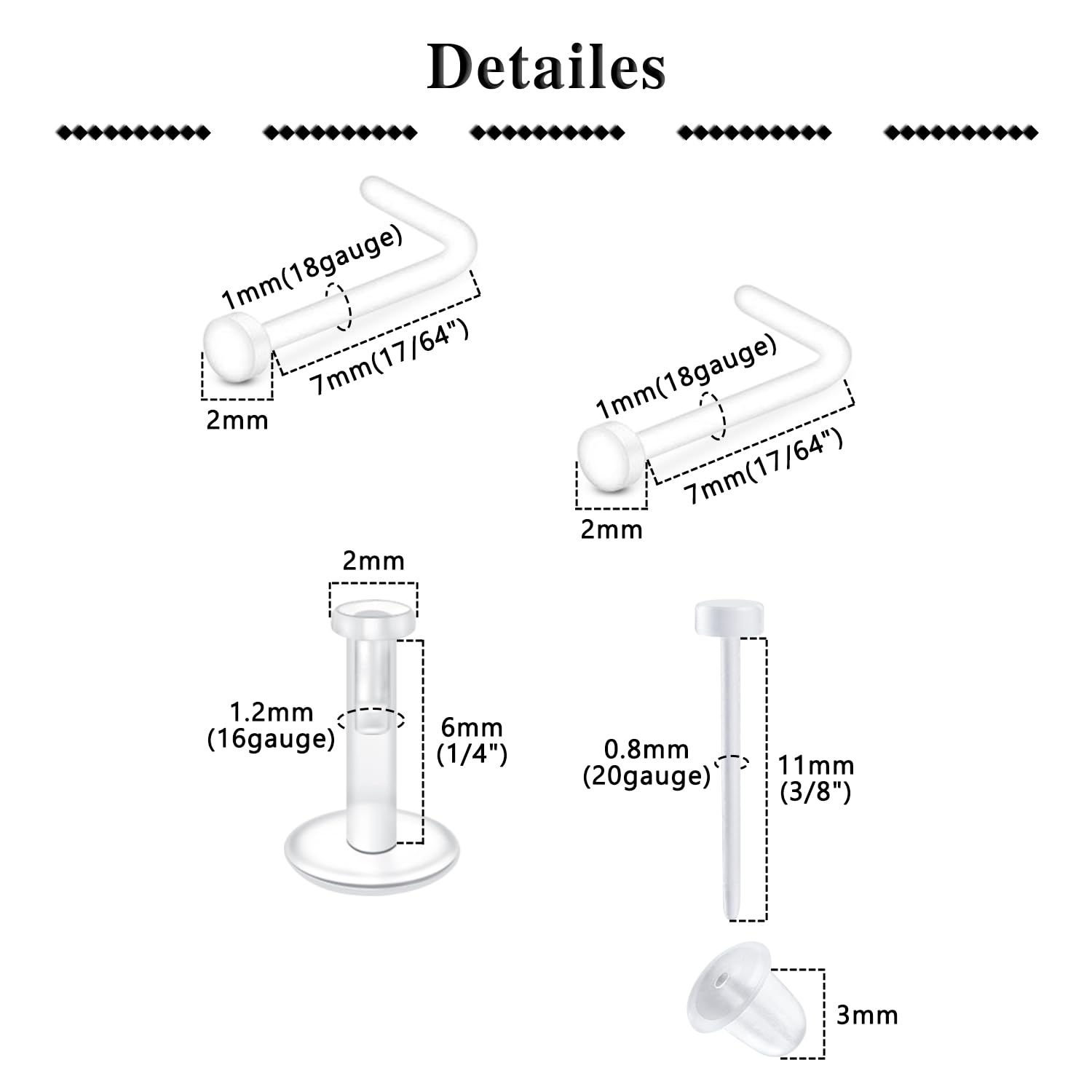 QWALIT Clear Nose Studs & Rings for Work & Surgery - Invisible Retainers & Spacers - 18g Clear Earrings for Sports