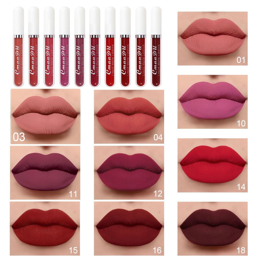 Evpct Cmaadu 10Pcs Liquid Matte Matt Lipstick Set For Black Women, Dark Deep Bright Ruby Sexy Brick Mauve Plum Red Violet Purple