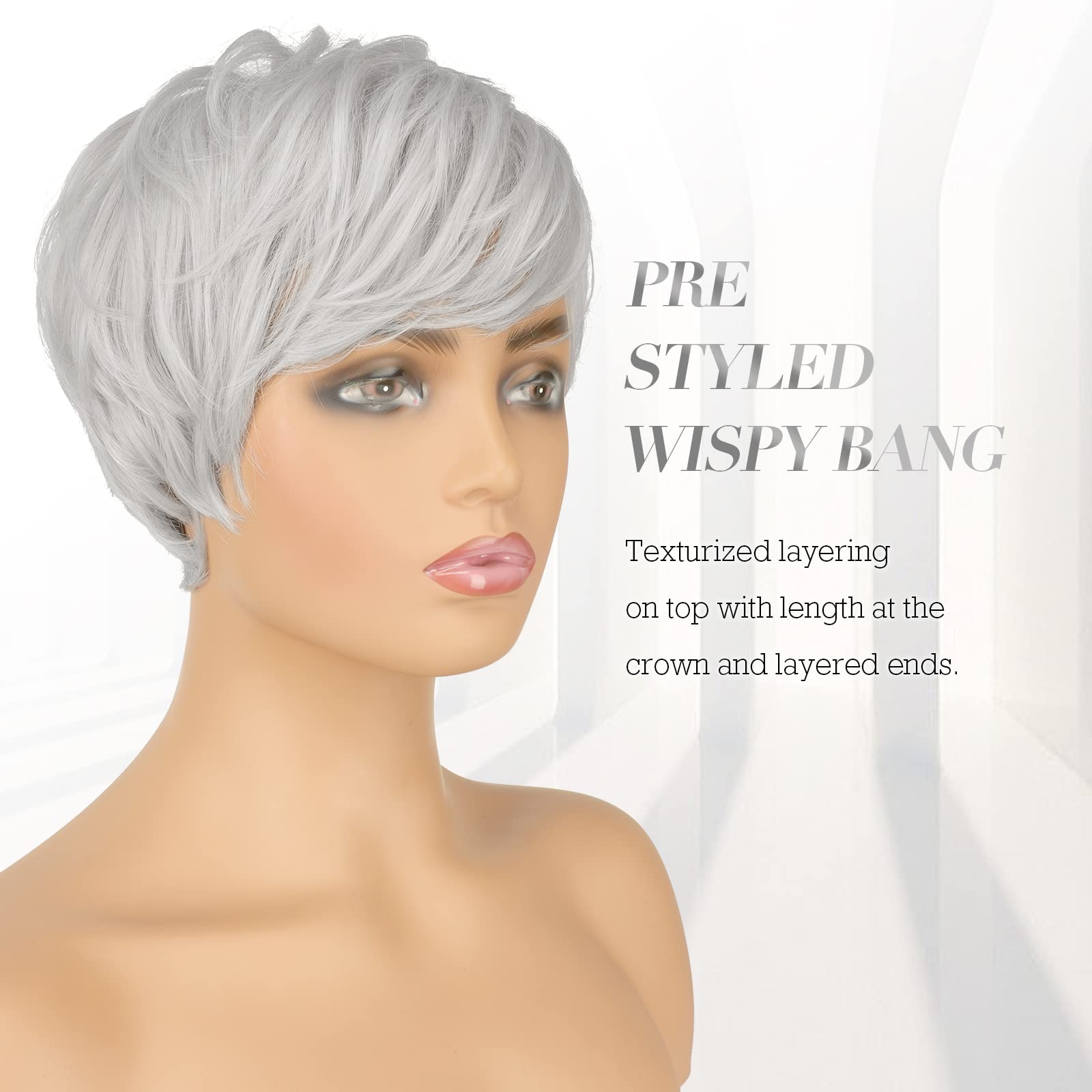 Feshfen Pixie Cut Wigs Synthetic Platinum Grey Short Pixie Haircut Wig With Bangs Glueless Layered Wavy Granny Gray Wigs For Wom