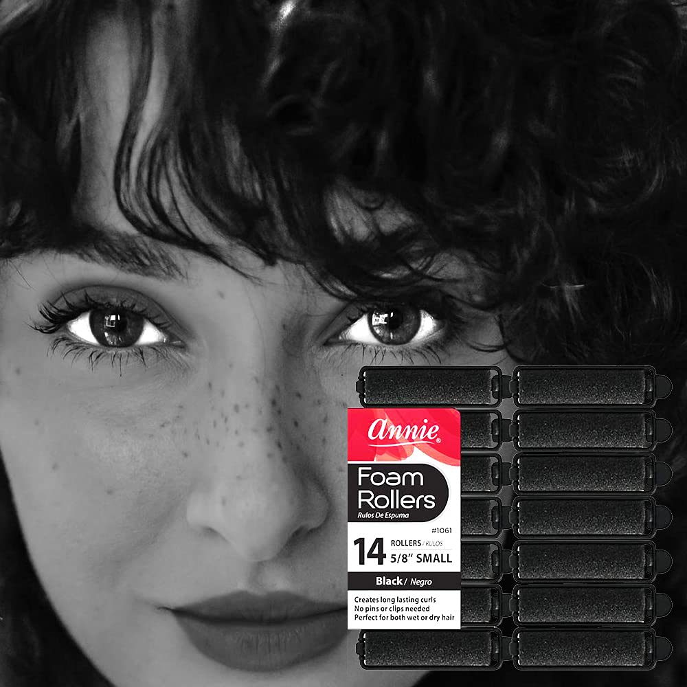 Annie- Salon Style Small Foam Hair Rollers - (5/8) Black - (14) Piece Set - Soft Heat-less Hair Curling Tools