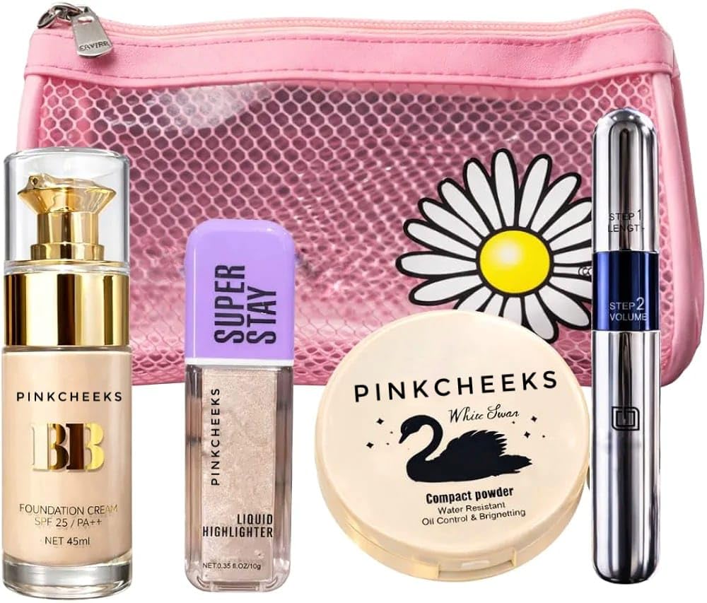 Glowing Face Makeup Combo Kit For Women | Foundation, Liquid Highlighter, Compact Powder & Mascara With Travel Makeup Bag
