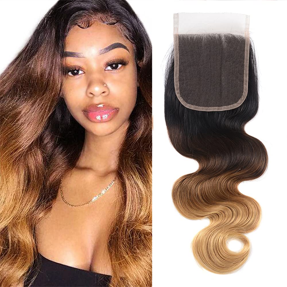 Lace Closure 4X4 Human Hair 1B 4 27 Ombre Closure For Women Body Wave Transparent Lace Next Day Delivery Closure Black To Brown 