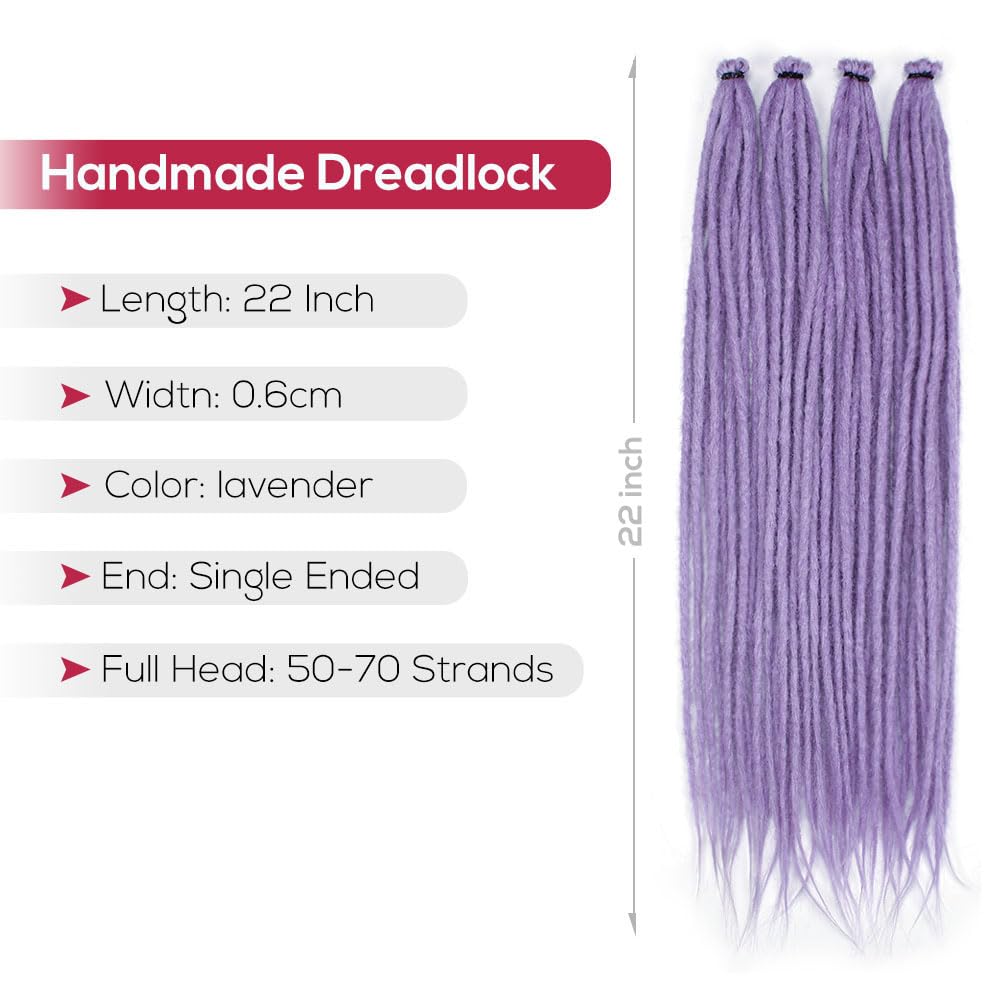 Kraler Lavender Purple Dreadlock Extensions, 22 '' Synthetic Crochet Dreads Extensions 100% Handmade Single Ended Dreads Thin 0.