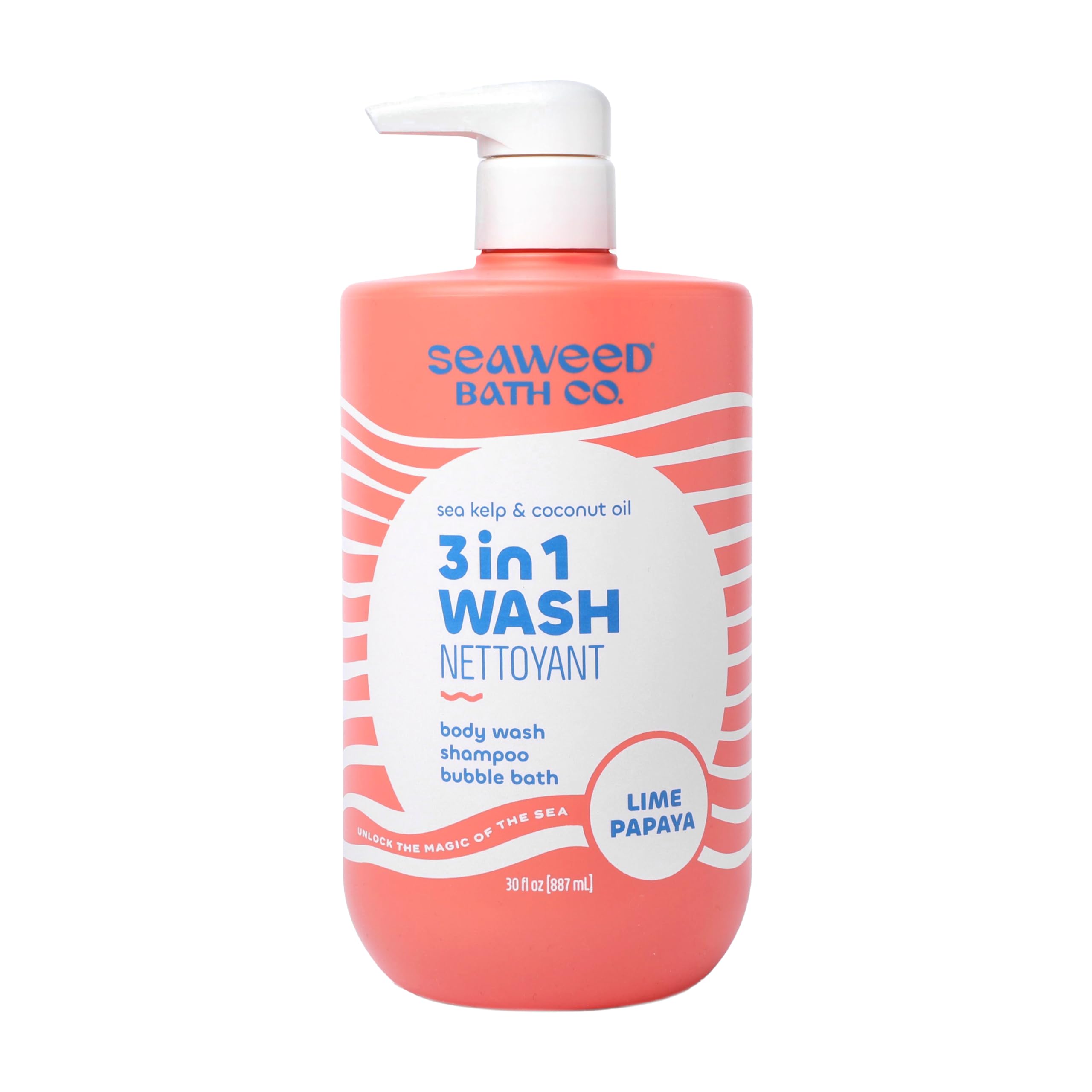 Seaweed Bath Co. 3 in 1 Wash, Lime Papaya Scent, 30 Ounce, Body Wash, Shampoo, Bubble Bath for Women & Men, with Sea Kelp & Coco