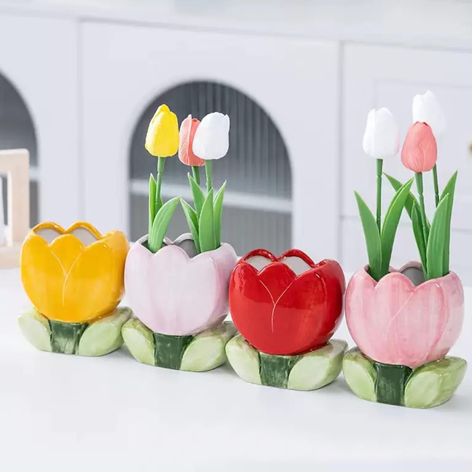 ESIW Ceramic Tulip Cosmetic Storage Box, Desktop Organizers Make Up Brush Storage Stand Desktop Storage Box for Brush,Pencil,Art