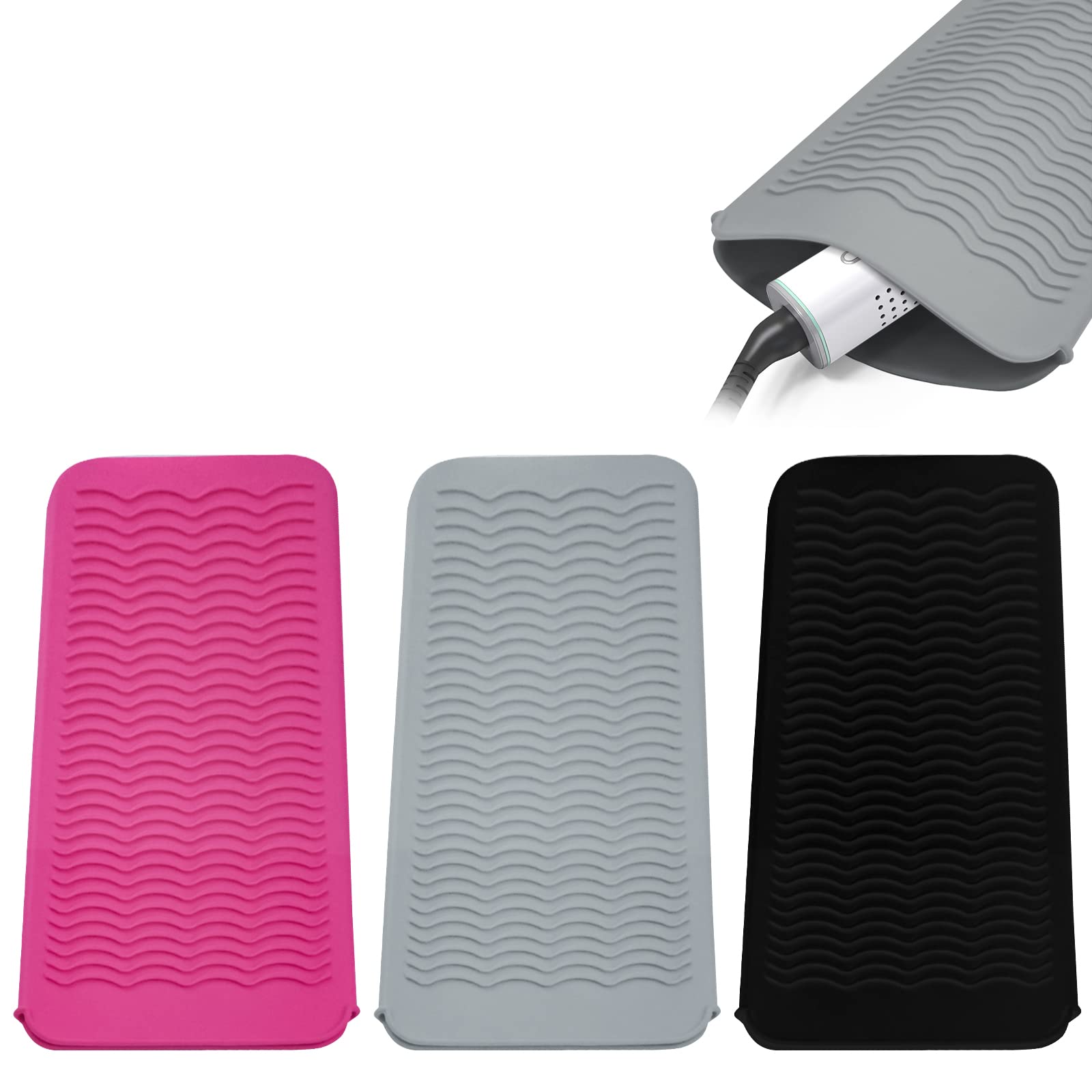 3PCS Silicone Heat Resistant Mat Pouch for Hair Straightener, Curling Iron, Flat Iron and Hot Hair Tools (Black+Grey+Pink) 3 Pac