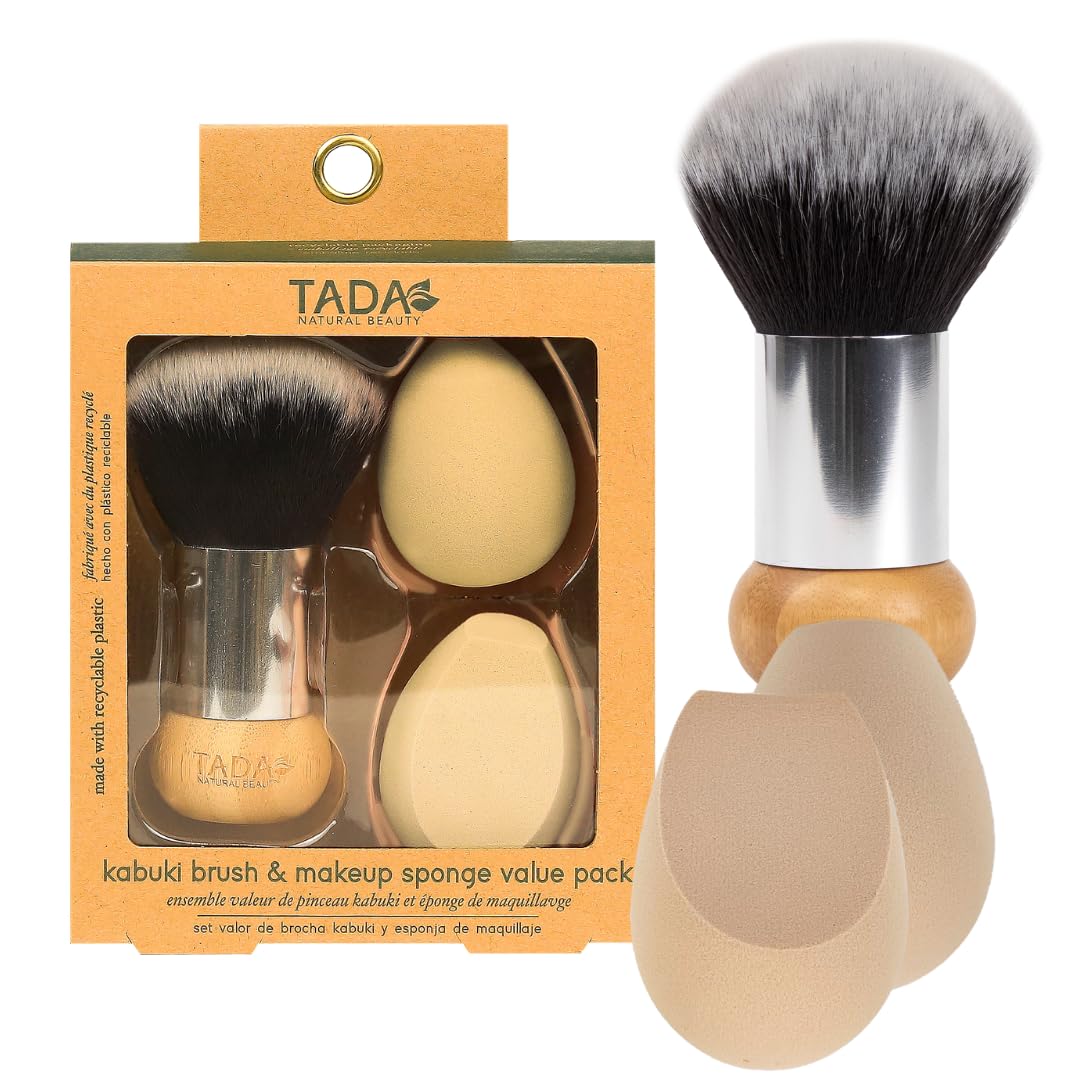 TADA Natural Beauty Kabuki Brush and Makeup Sponge Value Pack, 3 Piece Foundation Brush and Blending Sponge Set for Liquid, Crea