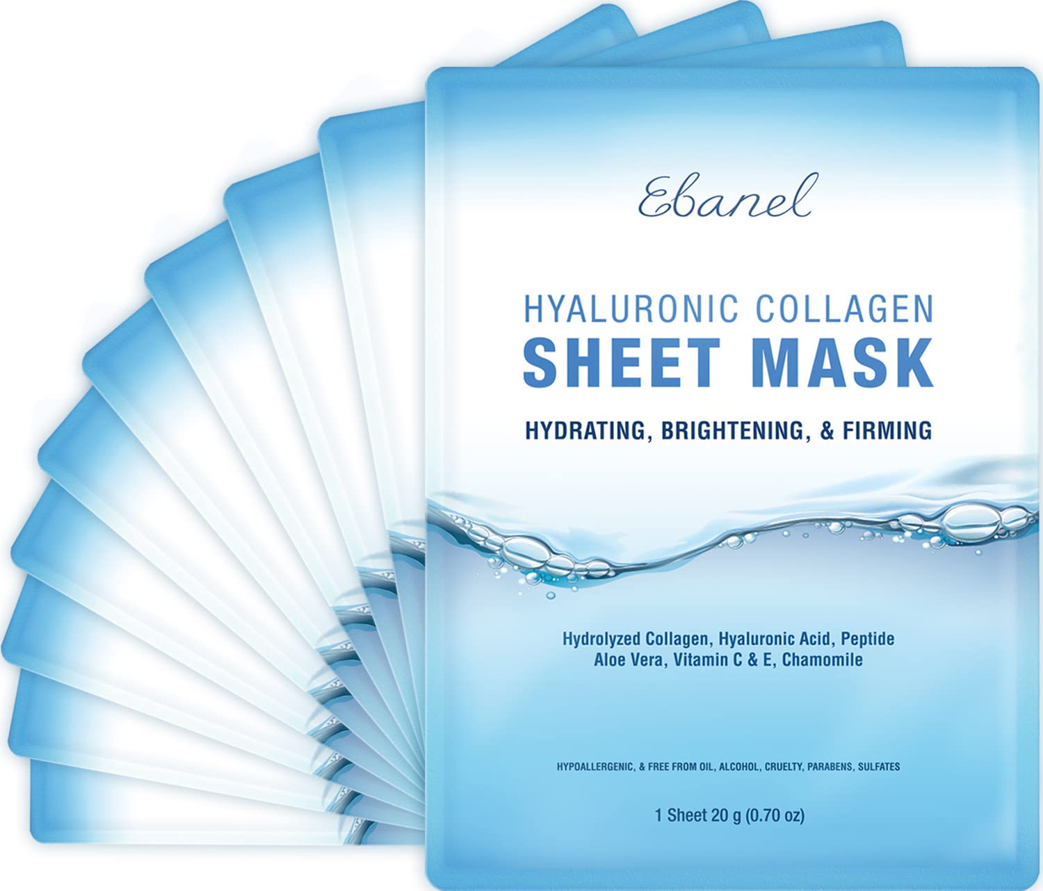Ebanel Collagen Peptide Face Masks, 10 Pack Hydrating Anti-Aging Masks with Hyaluronic Acid & Vitamin C, Stem Cell Mask