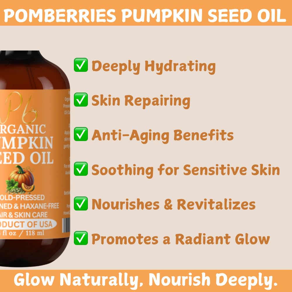 Organic Pumpkin Seed Oil - 100% Pure Cold-Pressed Unrefined Pumpkin Seed Oil for Hair & Skin - Moisturizing Hair & Face Oil, Org