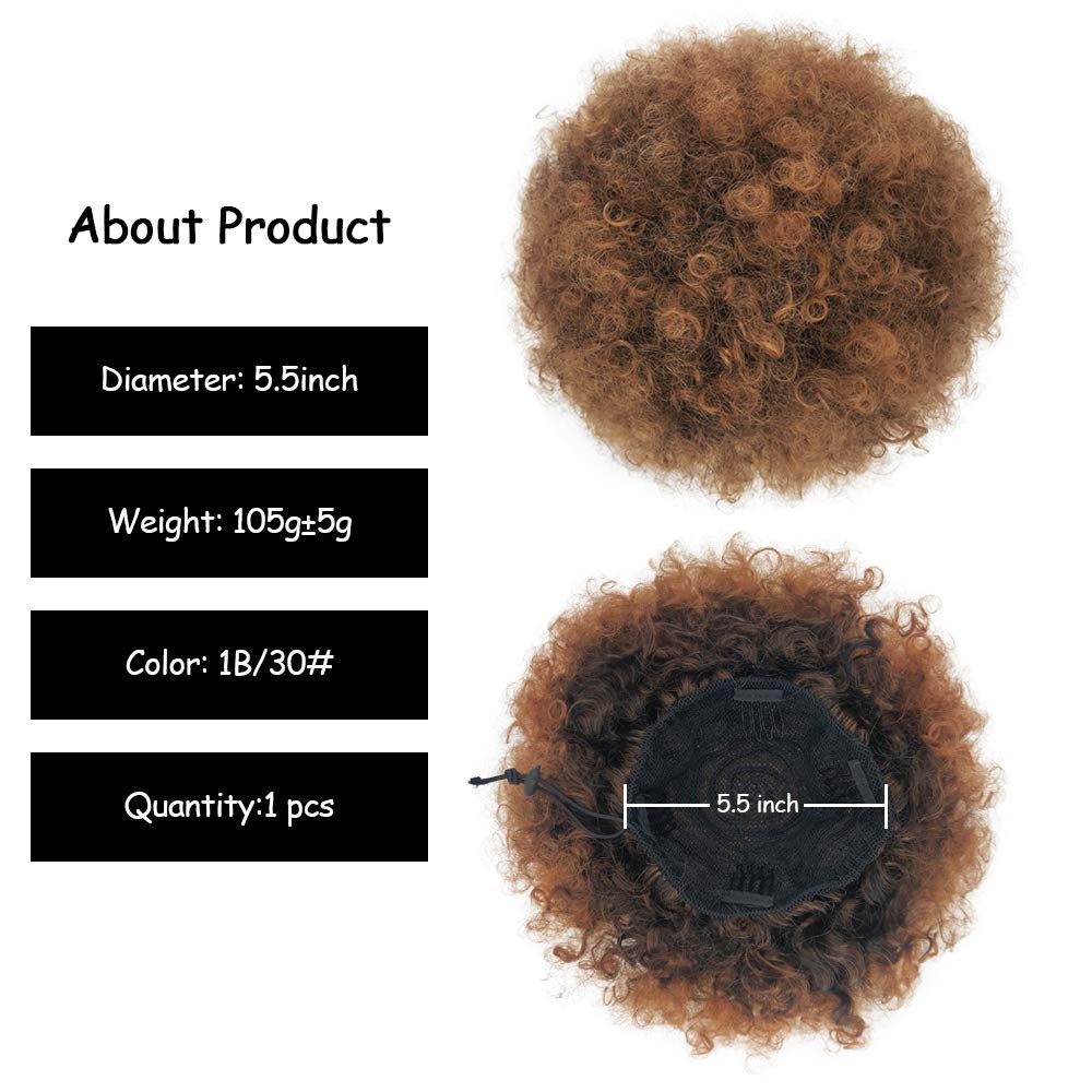 Yinmei Baibian Ombre Brown Kinky Curly Afro Puff Drawstring Ponytail - Large Synthetic Bun Hairpiece (1B/30#)