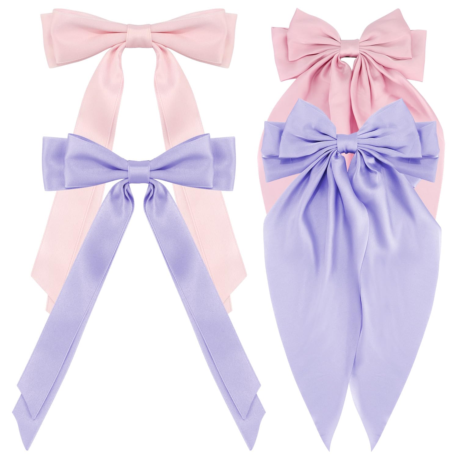 Atoden Hair Bows 4Pcs Silky Satin Hair Ribbons Pink Purple Cute Coquette Bows Oversized Long Tail Bow Hair Barrettes Metal Clips