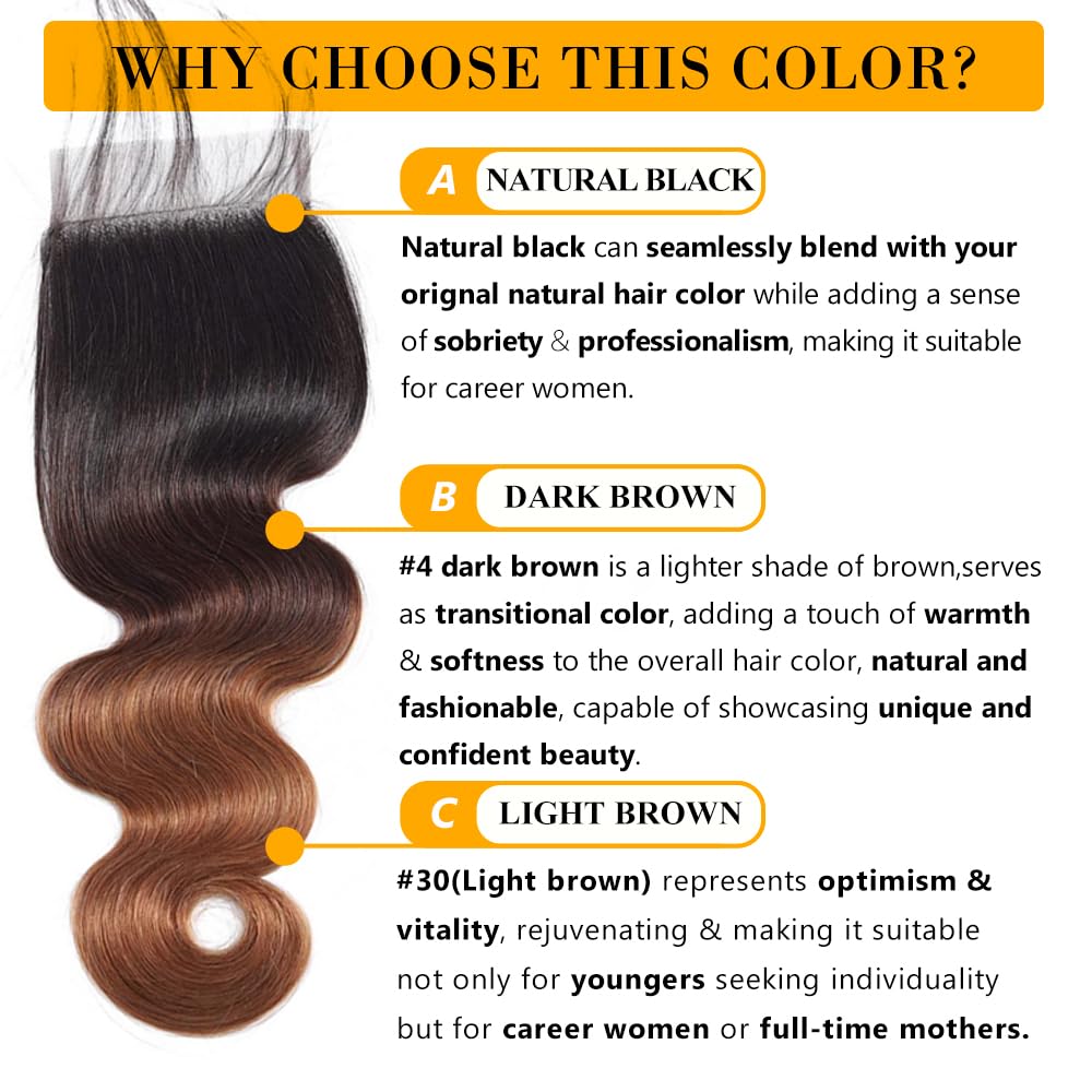 QTHAIR 14A 1B/4/30 Ombre Closure (16in) Body Wave 4x4 Transparent Color Swiss Lace Closure Brazilian Unprocessed Virgin Human Ha