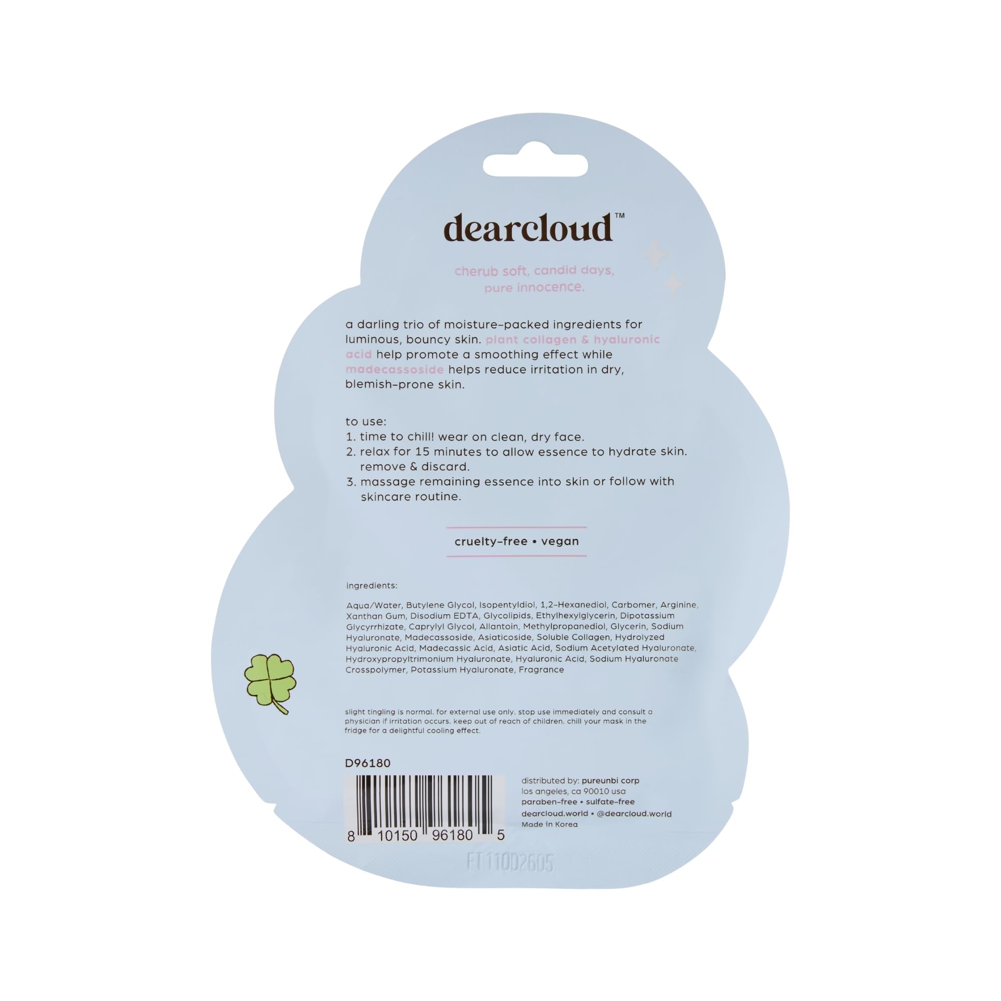 dearcloud Beary Cherub Deep-Moisturizing Dew Essence Face Mask, Korean Sheet Mask - Vegan Collagen, Hyaluronic Acid & Madecassos