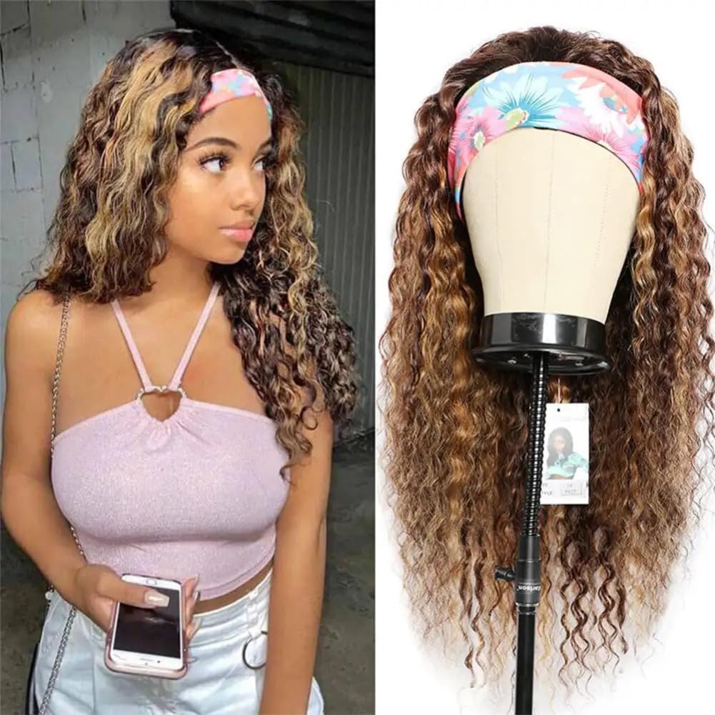 Rebasar Blonde Curly Headband Wig Human Hair Colored Highlight Deep Wave 26 Inch Headband Wigs for Black Women Brazilian Virgin 