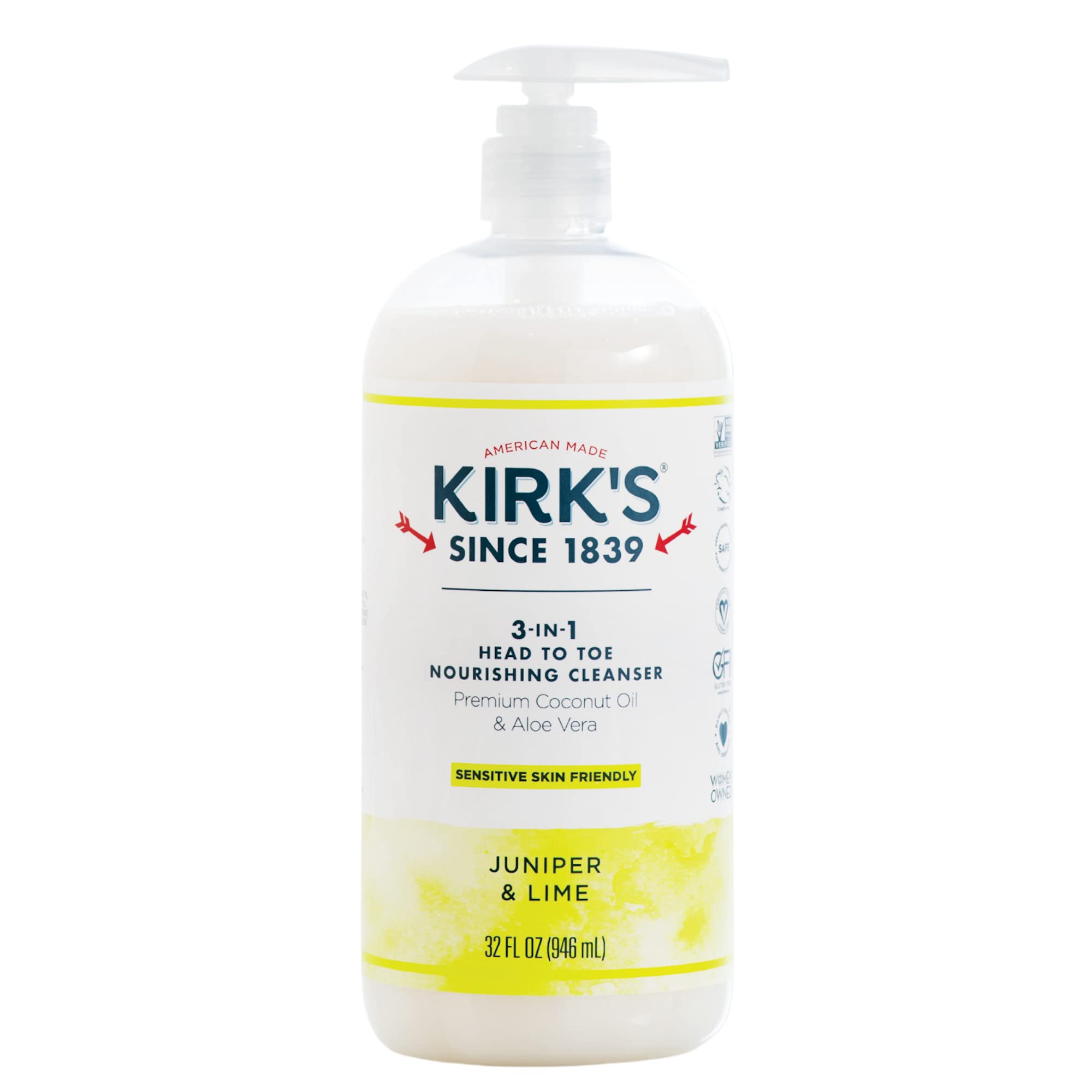 Kirks 3-In-1 Castile Liquid Soap Head-To-Toe Clean Shampoo, Face Soap & Body Wash For Men, Women & Children  Coconut Oil + Aloe