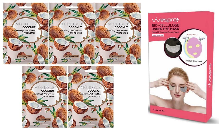 MondSub Coconut Nourishing And Anti Wrinkles Face Sheet Mask  Pack Of 5 * 20Ml With Free Wespro BioCellulose Under Eye Mask M