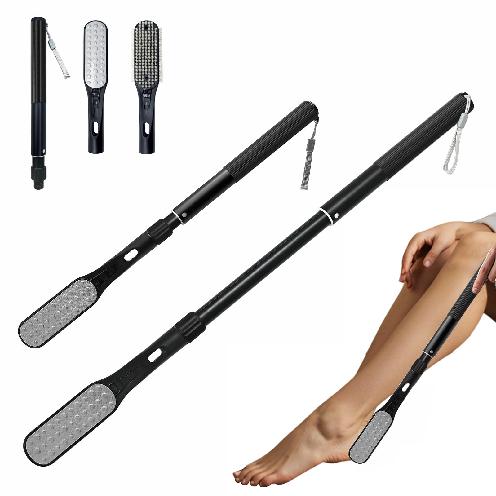 Gobiteli Toe Cleaning Brush Long Handle, 18.8 -25.9  Telescopic Long Handle Foot Scrubber Dead Skin Remover,Foot File for Feet C