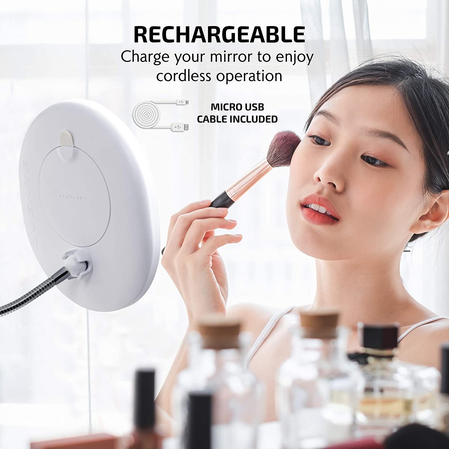 Ovente 8.5'' Lighted Makeup Mirror, Rechargeable Swivel Gooseneck With Attachable Suction Cup Wall Mount,10X Magnetic Mini Magni