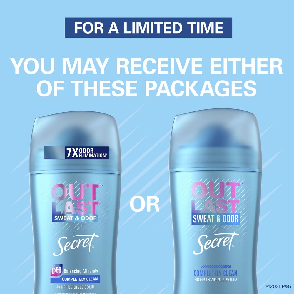 Secret Outlast Invisible Solid Antiperspirant Deodorant, Completely Clean, 2.6 Ounce (Pack Of 3)