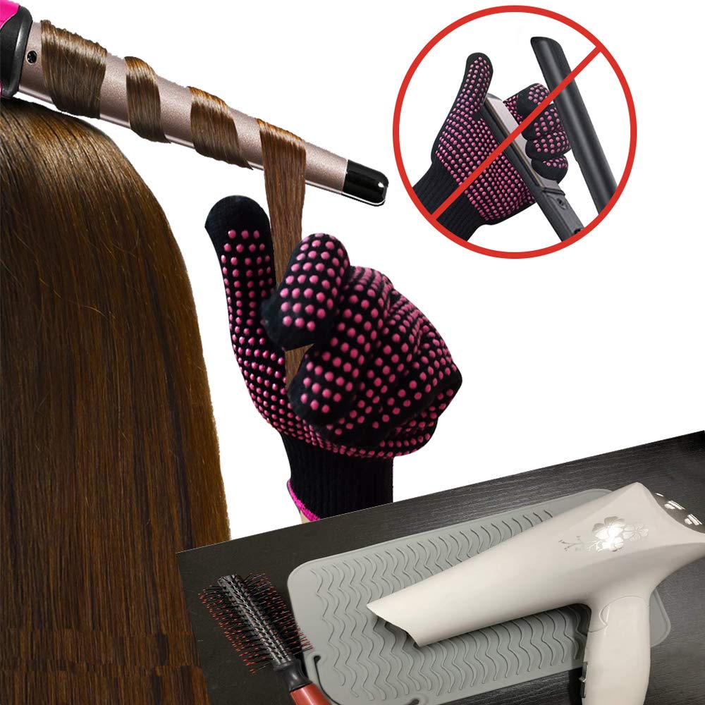 Heat Resistant Glove With Silicone Bump Mat For Curling Iron, Hair Straightener, Flat Irons - 9 X 6.5 Food Grade Mat, Grey