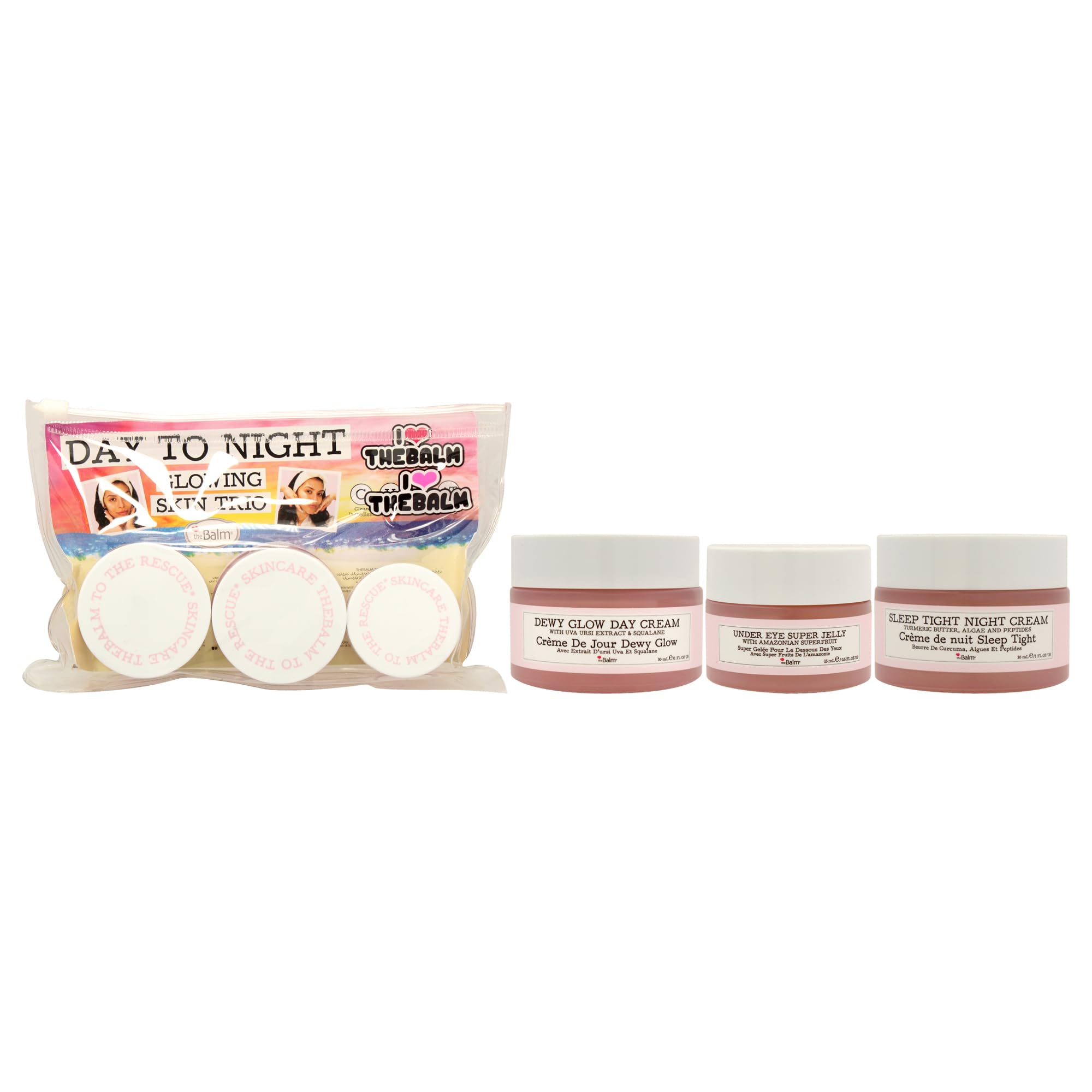 Day To Night Glowing Skin Trio By The Balm For Women - 3 Pc 1Oz Dewy Glow Day Cream, 0.5Oz Under Eye Super Jelly, 1Oz Sleep Tigh