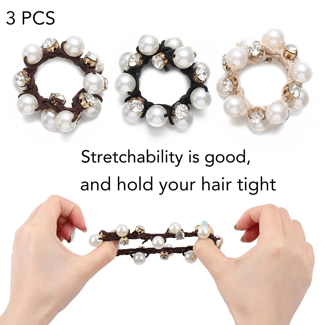 Brinie Hair Ties - Black Elastic Scrunchies with Pearl Details, 3 Count Pack for Women and Girls
