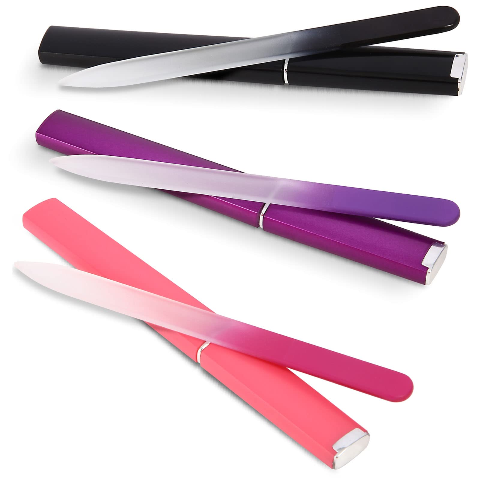 3 Pack Crystal Glass Fingernail File with Case for Natural Nail Professional Czech Glass File Double-Sided Etched Gentle Nail Ca