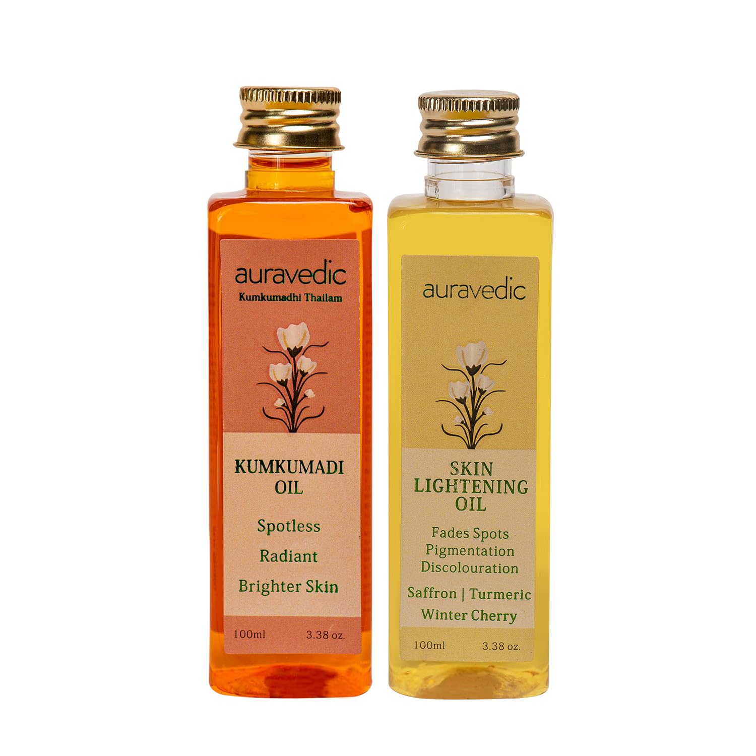 Auravedic Kumkumadi Oil & Skin Oil Combo | Saffron, Turmeric and Winter Cherry Infused Face Moisturizer | Hydrating & Moisturizi