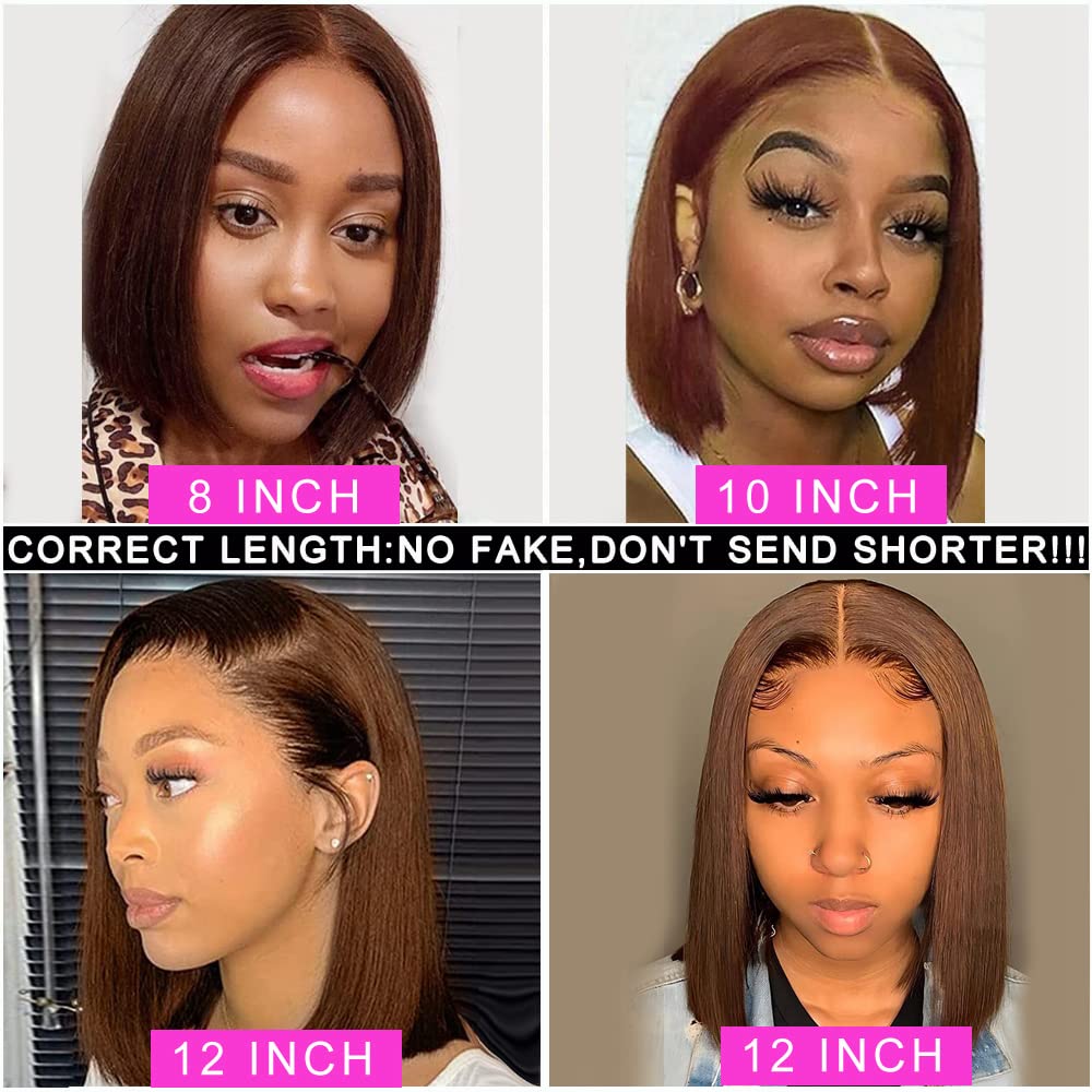13X4 Straight #4 Brown Bob Wig Human Hair Glueless Lace Frontal Wigs Pre Plucked With Baby Hair 100% Unprocessed Hd Transparent