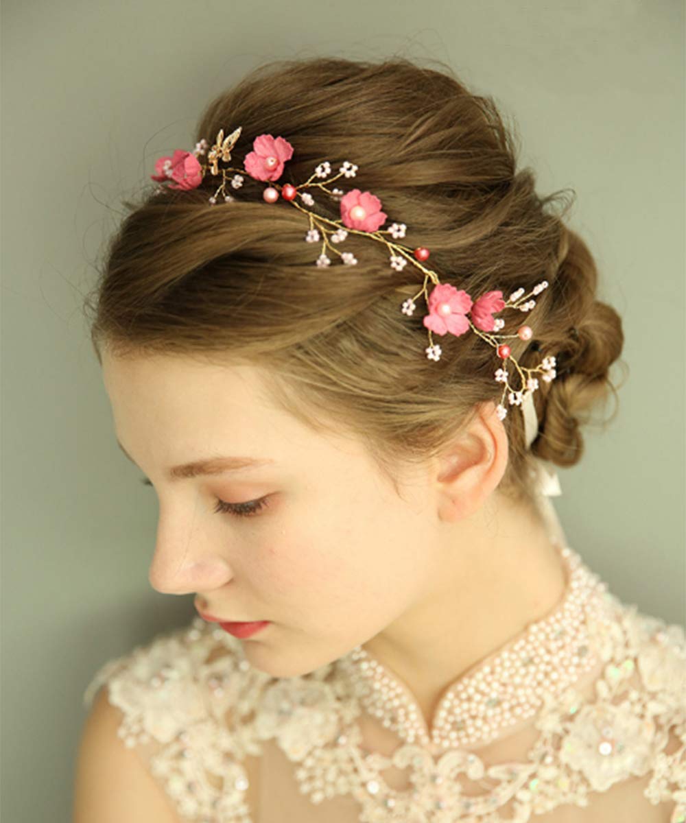 FXmimior Bridal Floral Cutie and Elegant Headband Vintage Flower Women Pearls Tiara Headpiece Wedding Hair Accessories (Gold)
