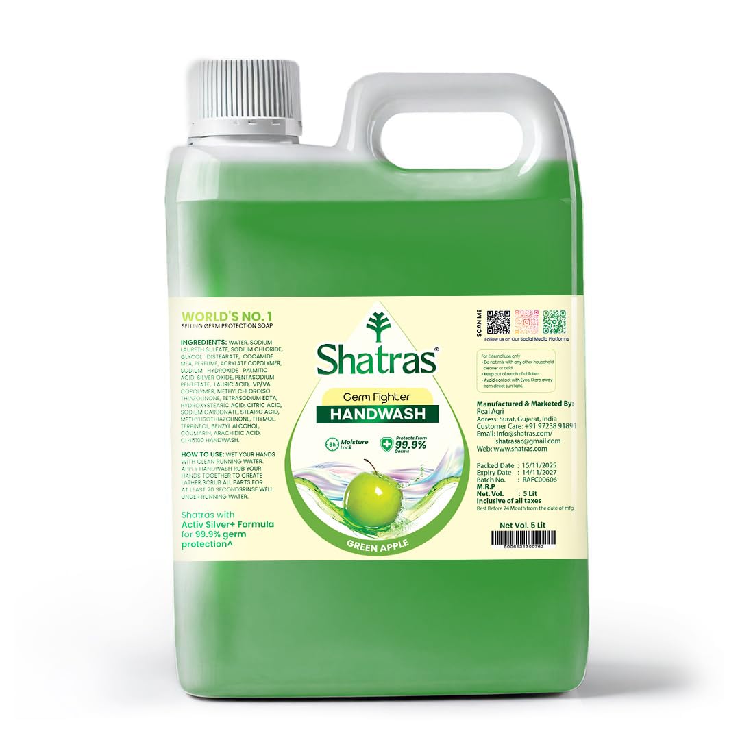 Shatras Germs Fighter Handwash Liquid Refill Can - Goodness Of Green Apple| Ph Balanced | Soothes & Hydrates Skin | Antibacteria