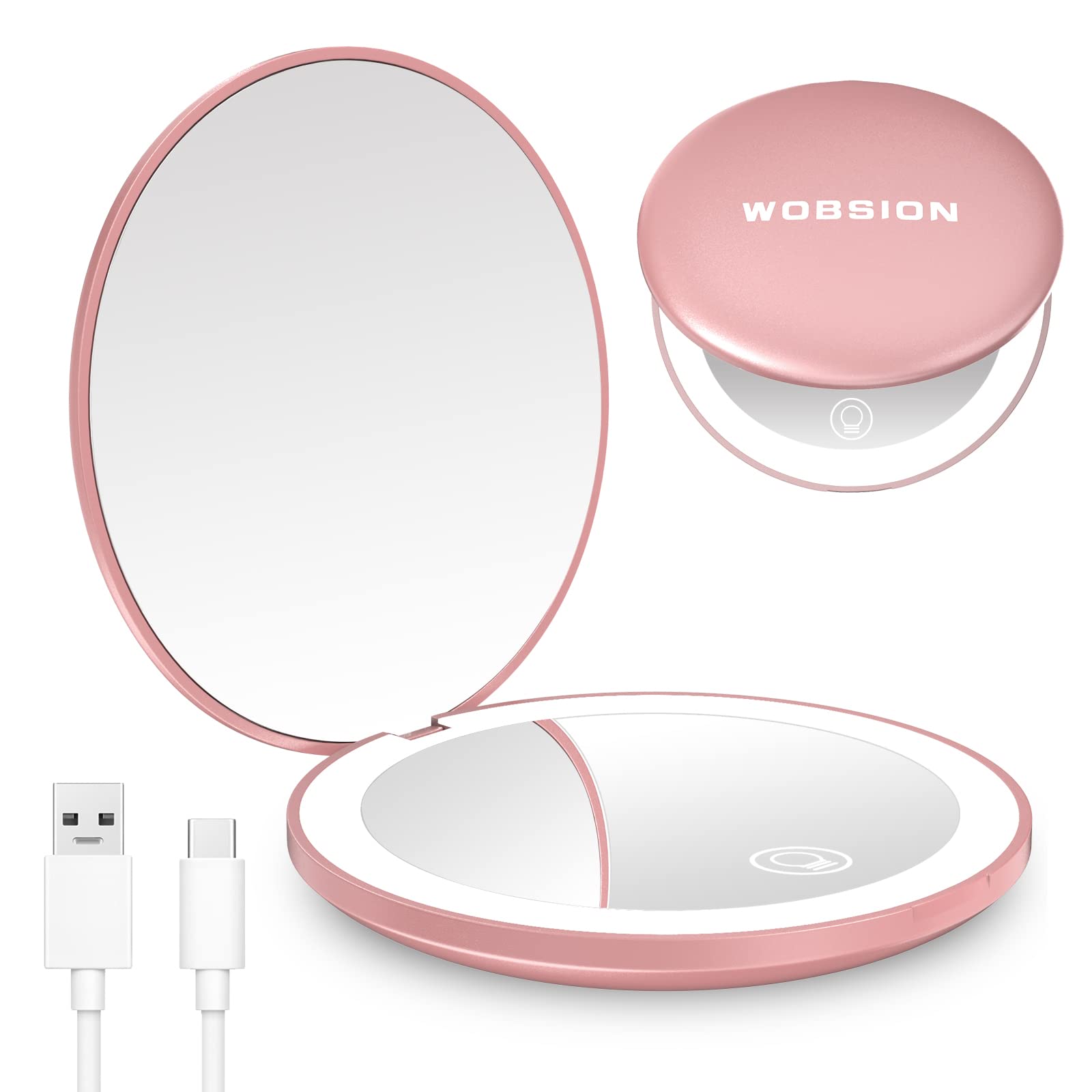 wobsion Travel Mirror with Light, Rechargeable 1x/10x Compact Magnifying Mirror, Dimmable Pocket Mirror,3.5inch Travel Size,Port