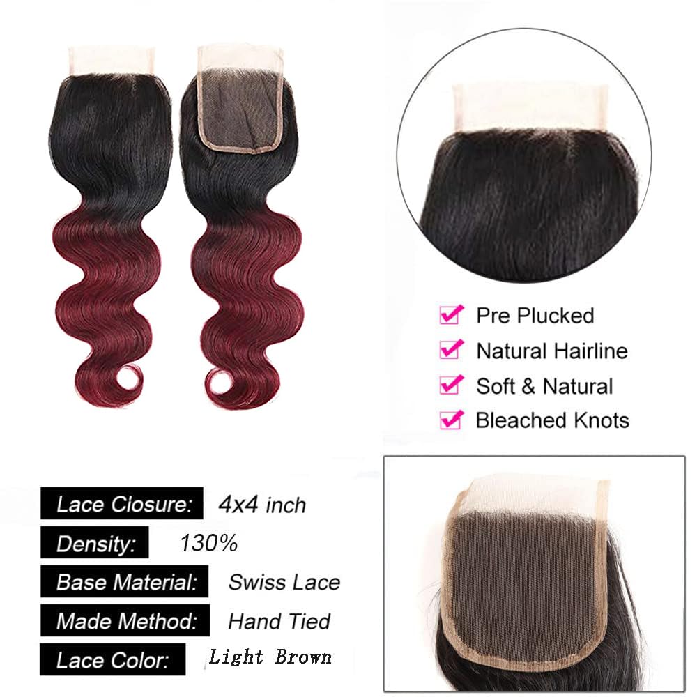 1B/99J 12 Inch Human Hair Closure Ombre Pre Plucked With 4X4 Lace Baby Hair Grade 9A High Density Body Wave Brazilian Virgin Raw