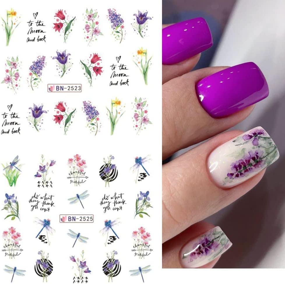 Flower Nail Art Stickers Decals Water Transfer Foils For Nails Art Supplies Spring Summer Tulips Floral Butterfly Leaf Design Ac