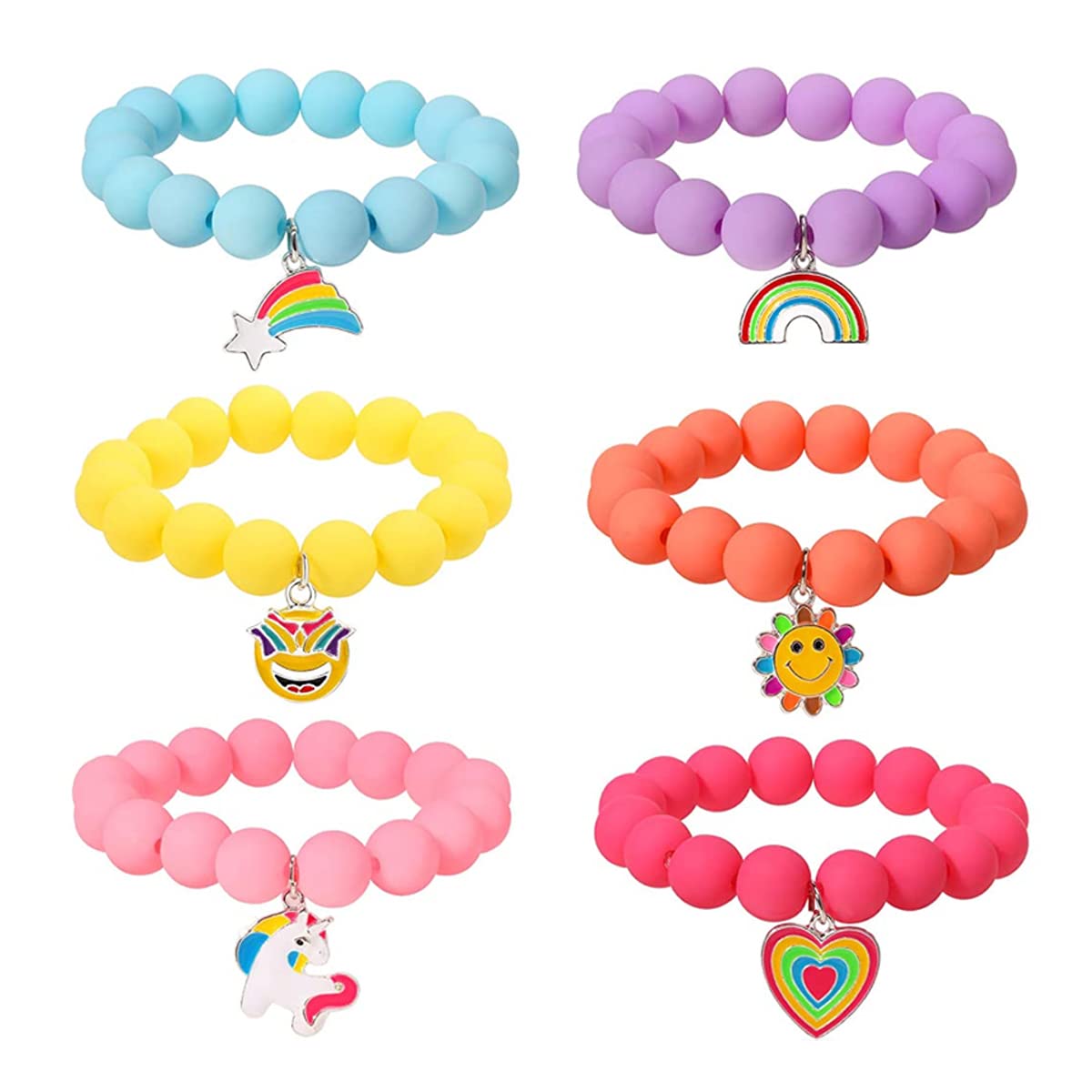SANNIDHI 6 Pack Beads Bracelets for Kids Pendant Beaded Bracelet for Girls Teen Cartoon Charm Kids Bracelets Matte Candy Color F