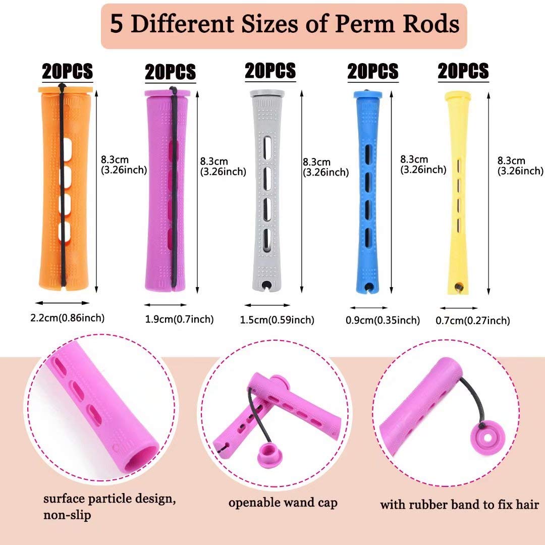 Alimiriam 100pcs Perm Rods Set - 5 Sizes Hair Rollers for Natural Curling - Plastic, Orange, Purple, Gray, Blue, Yellow