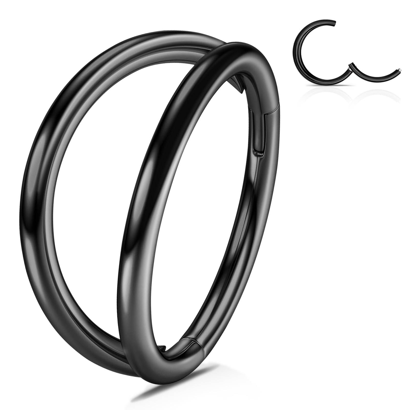 Black Double Hoop Nose Rings: 316L Surgical Steel Hinged 18G Nose Hoop 9MM for Women and Men Body Pierecing Ring Septum Clicker 
