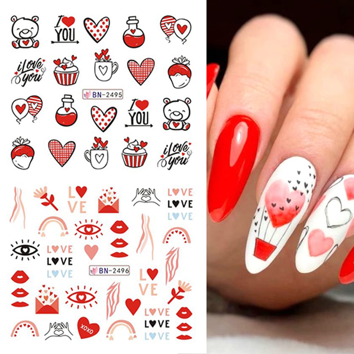 Valentine'S Day Nail Stickers Pink Heart Nail Decals I Love You Letters Water Decal Tattoos Manicure Foils Cartoon Animals Cute