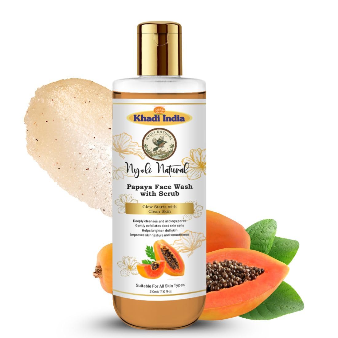 Khadi Nyoli Natural Papaya Face Wash With Scrub For Pigmentation & Dark Spots  210Ml | Gentle Exfoliating Gel Cleanser For Men 