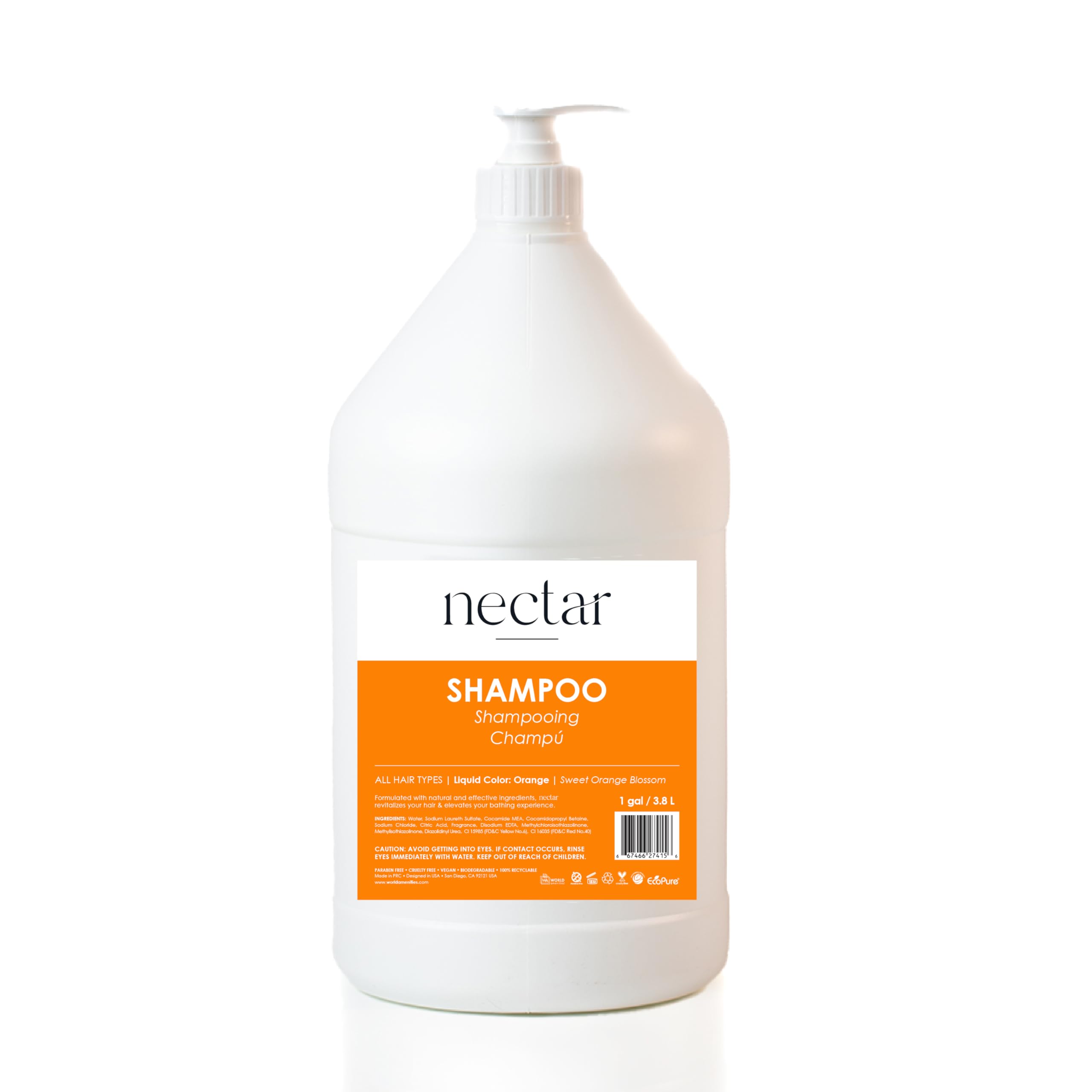 World Amenities - Nectar Shampoo | 1 Gallon, 3.8L | Sweet Orange Blossom Scent Refill Bottle With Pump, Hotel Amenities, Airbnb
