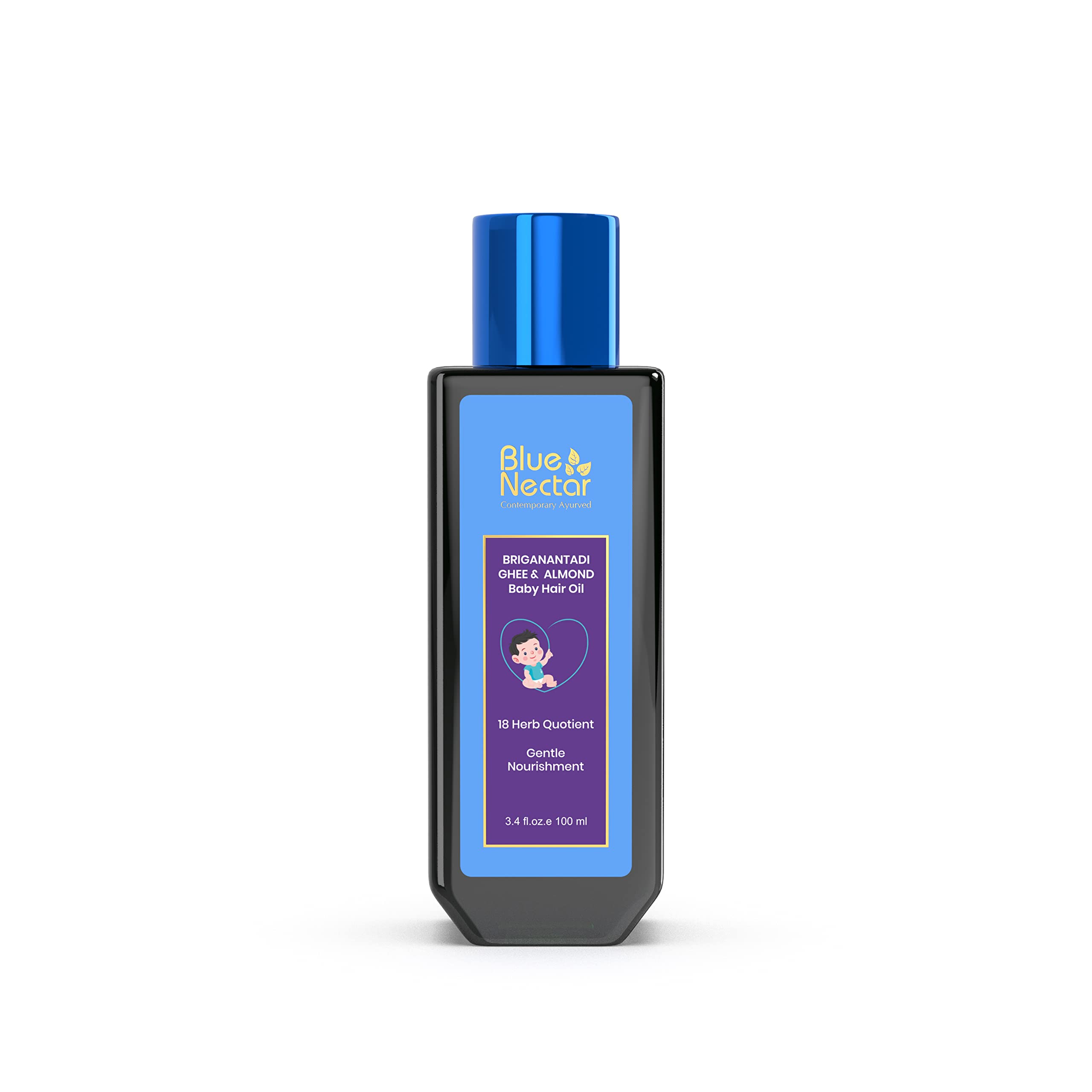 Blue Nectar Ayurvedic Baby Hair Oil with Organic Ghee, Almond Oil, Coconut Oil & Olive Oil for Hair and Scalp(18 Herbs, 3.38 Fl 